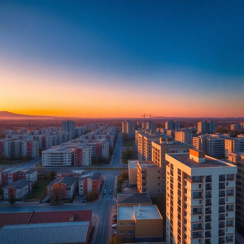 Vedere aeriană a unui district urban din România la ora aurie
